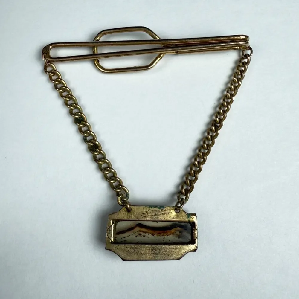 Vintage Campua Gold-Tone Tie Clip with Scenic Inlay Pendant Chain